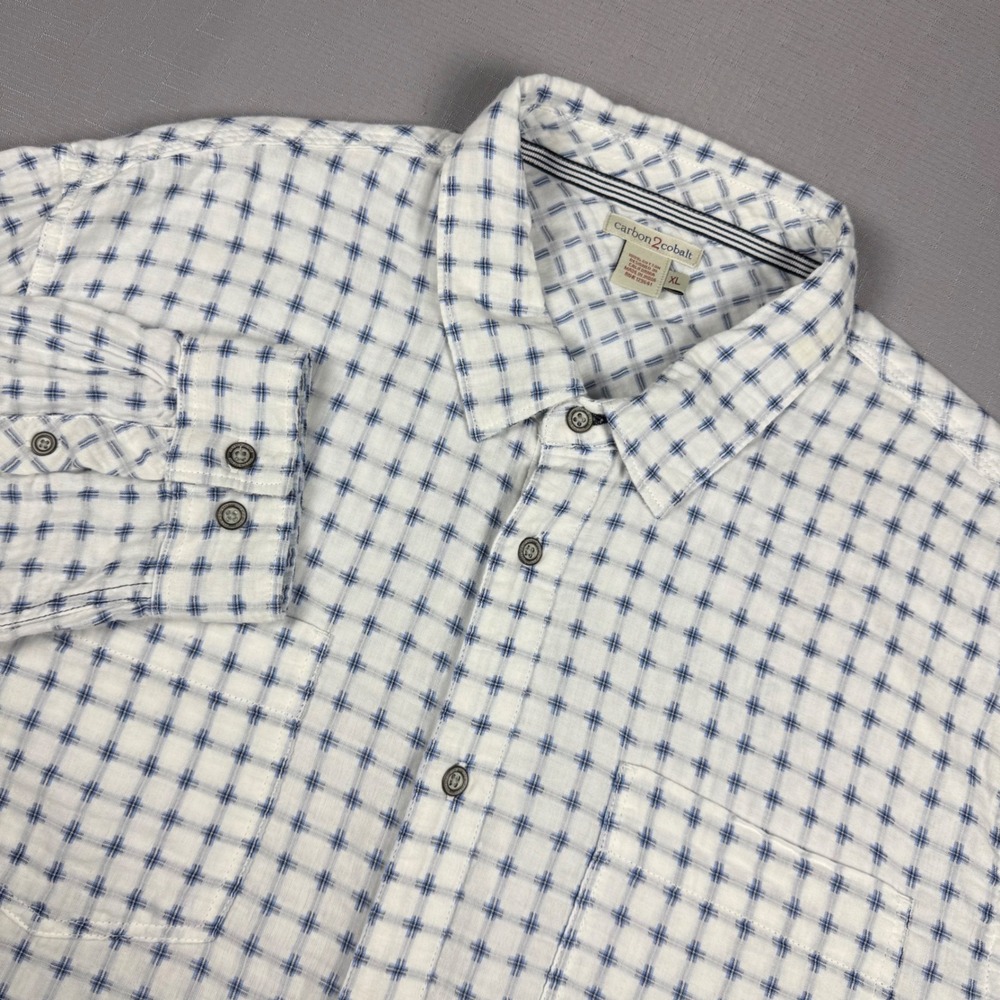 Carbon 2 Cobalt Mens XL Blue White Double Cloth Gauze Plaid Button Down Shirt